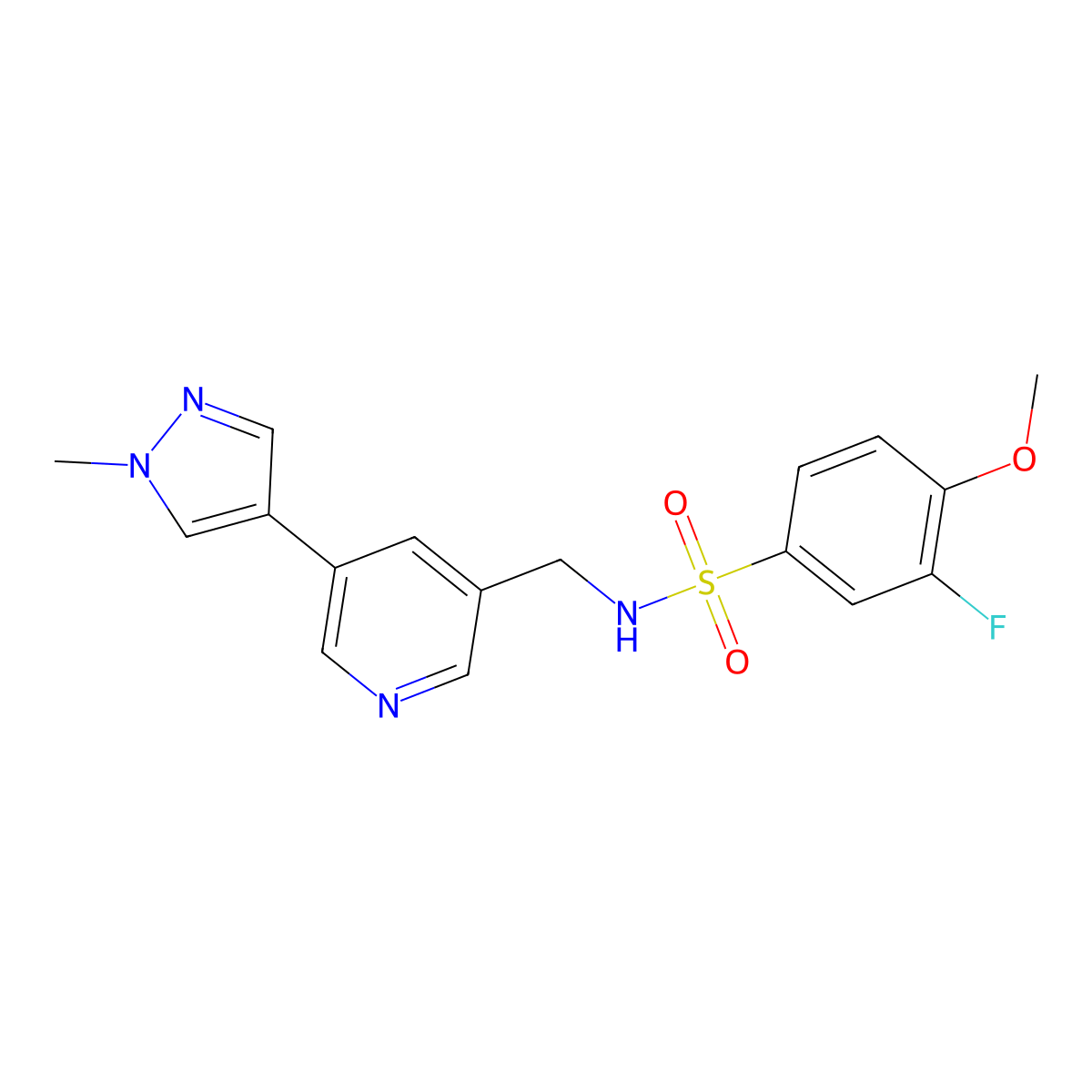 3-fluoro-4-methoxy-N-((5-(1-methyl-1H-pyrazol-4-yl)pyridin-3-yl)methyl)benzenesulfonamide molecular structure, CAS 2034225-26-6