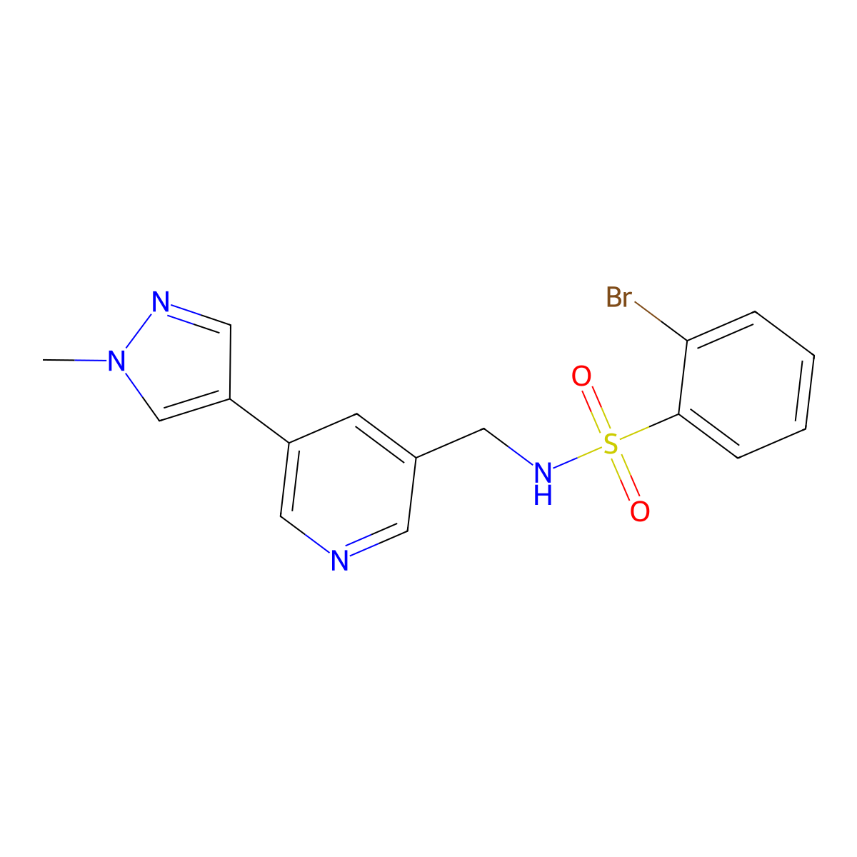 2-bromo-N-((5-(1-methyl-1H-pyrazol-4-yl)pyridin-3-yl)methyl)benzenesulfonamide molecular structure, CAS 2034225-32-4
