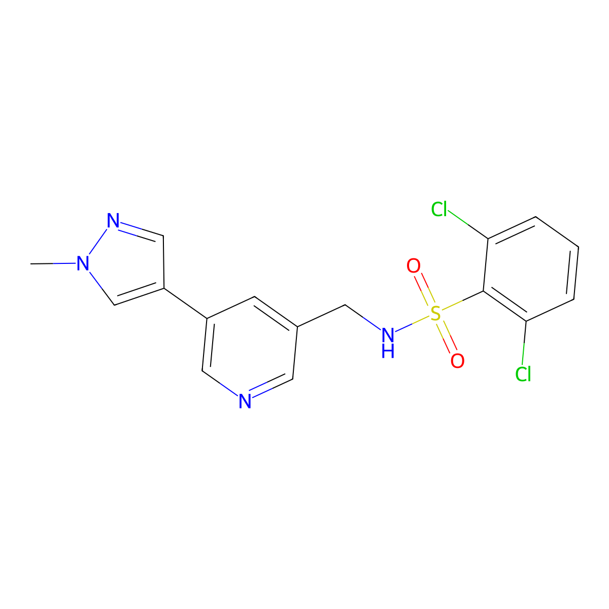 2,6-dichloro-N-((5-(1-methyl-1H-pyrazol-4-yl)pyridin-3-yl)methyl)benzenesulfonamide molecular structure, CAS 2034225-37-9