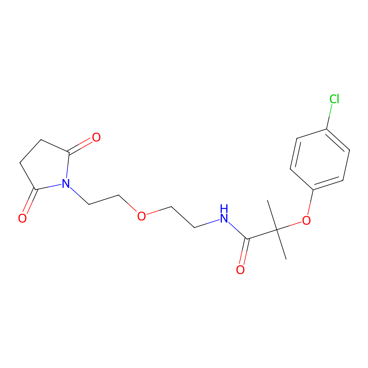 2-(4-chlorophenoxy)-N-{2-[2-(2,5-dioxopyrrolidin-1-yl)ethoxy]ethyl}-2-methylpropanamide molecular structure, CAS 2034225-45-9