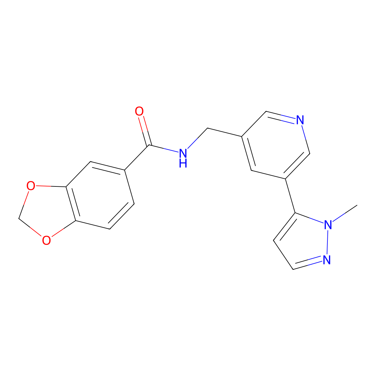 N-((5-(1-methyl-1H-pyrazol-5-yl)pyridin-3-yl)methyl)benzo[d][1,3]dioxole-5-carboxamide molecular structure, CAS 2034225-49-3