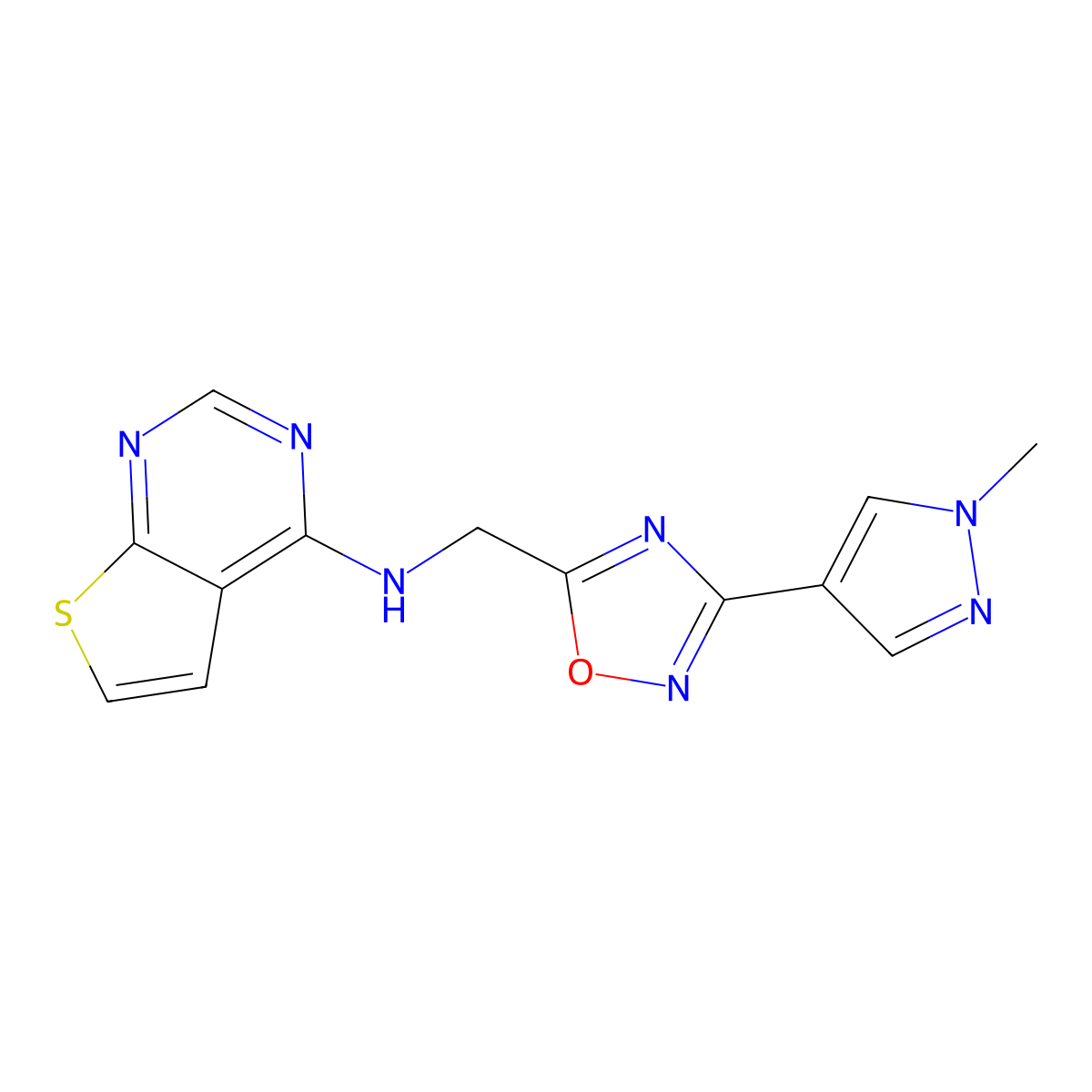 N-((3-(1-methyl-1H-pyrazol-4-yl)-1,2,4-oxadiazol-5-yl)methyl)thieno[2,3-d]pyrimidin-4-amine molecular structure, CAS 2034225-59-5