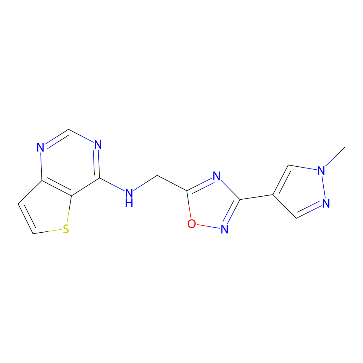 N-((3-(1-methyl-1H-pyrazol-4-yl)-1,2,4-oxadiazol-5-yl)methyl)thieno[3,2-d]pyrimidin-4-amine molecular structure, CAS 2034225-63-1