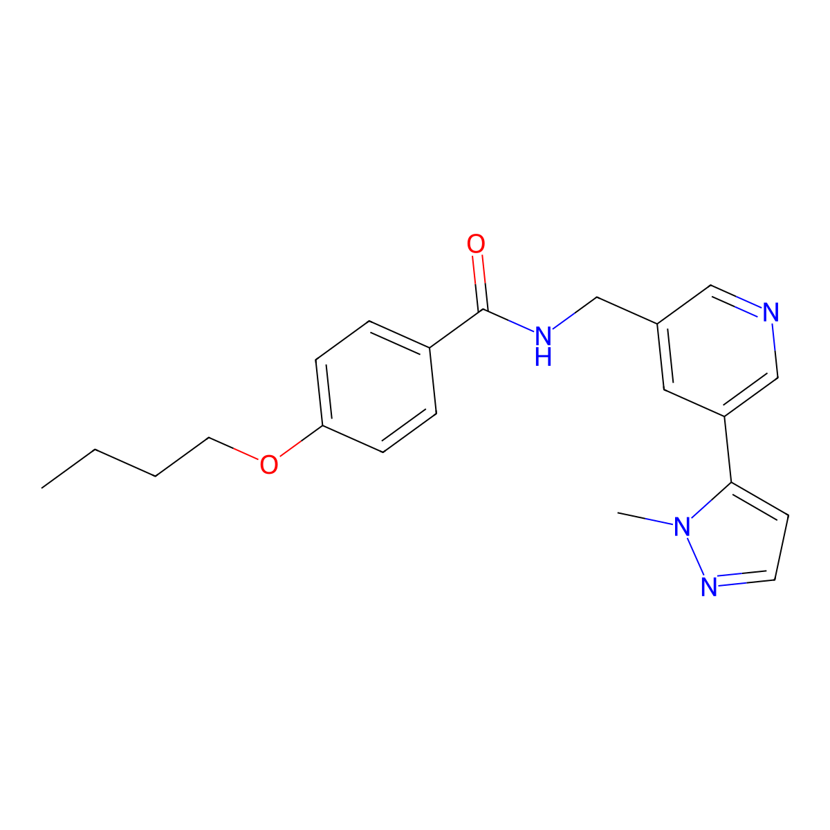 4-butoxy-N-{[5-(1-methyl-1H-pyrazol-5-yl)pyridin-3-yl]methyl}benzamide molecular structure, CAS 2034225-65-3
