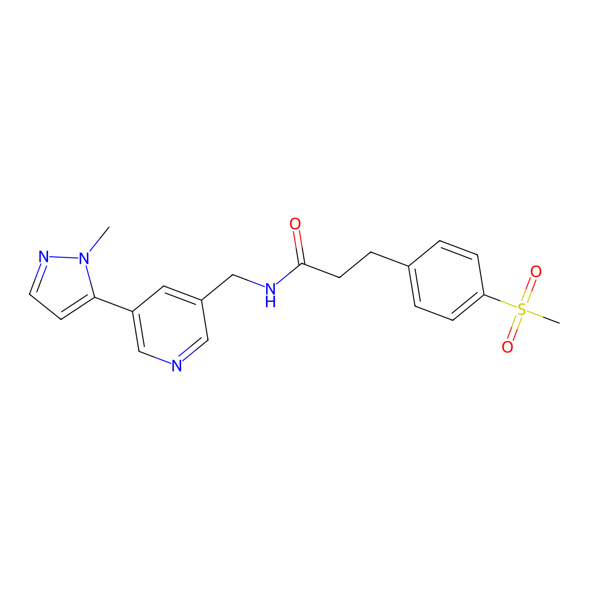 N-((5-(1-methyl-1H-pyrazol-5-yl)pyridin-3-yl)methyl)-3-(4-(methylsulfonyl)phenyl)propanamide molecular structure, CAS 2034225-76-6