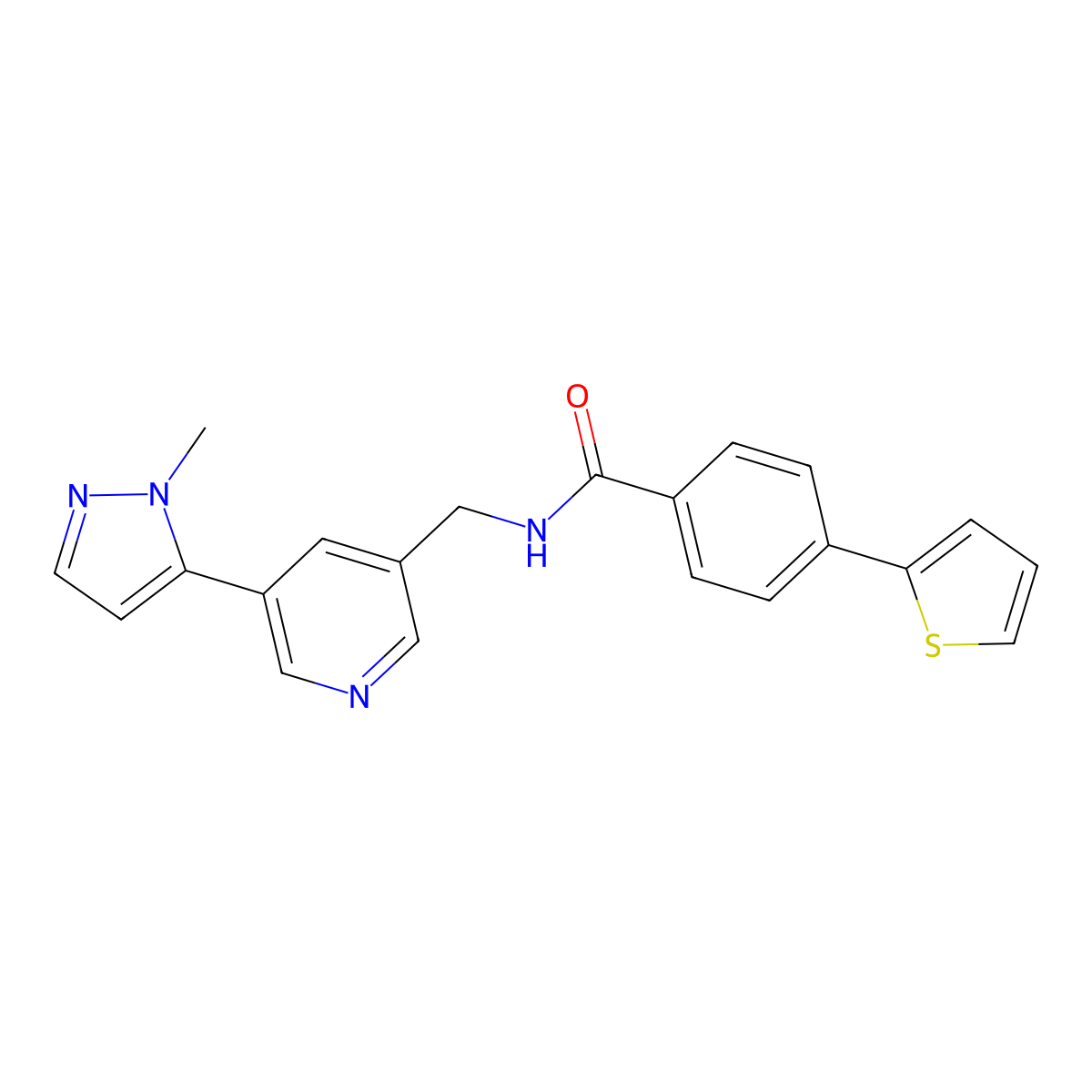 N-{[5-(1-methyl-1H-pyrazol-5-yl)pyridin-3-yl]methyl}-4-(thiophen-2-yl)benzamide molecular structure, CAS 2034225-79-9