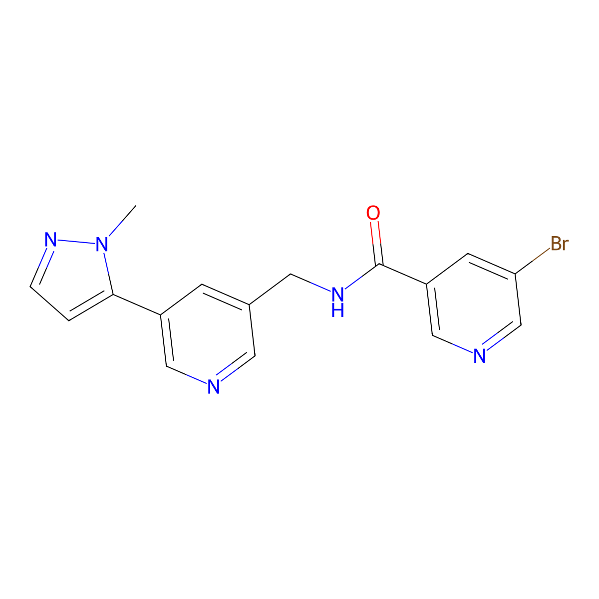 5-bromo-N-((5-(1-methyl-1H-pyrazol-5-yl)pyridin-3-yl)methyl)nicotinamide molecular structure, CAS 2034225-84-6