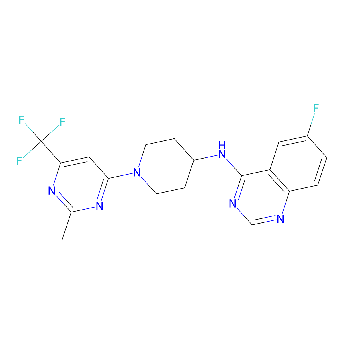 6-fluoro-N-(1-(2-methyl-6-(trifluoromethyl)pyrimidin-4-yl)piperidin-4-yl)quinazolin-4-amine molecular structure, CAS 2034225-92-6