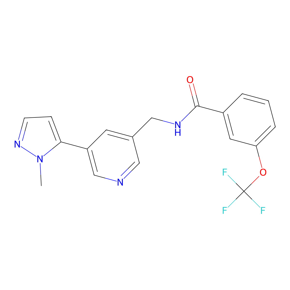 N-((5-(1-methyl-1H-pyrazol-5-yl)pyridin-3-yl)methyl)-3-(trifluoromethoxy)benzamide molecular structure, CAS 2034225-99-3