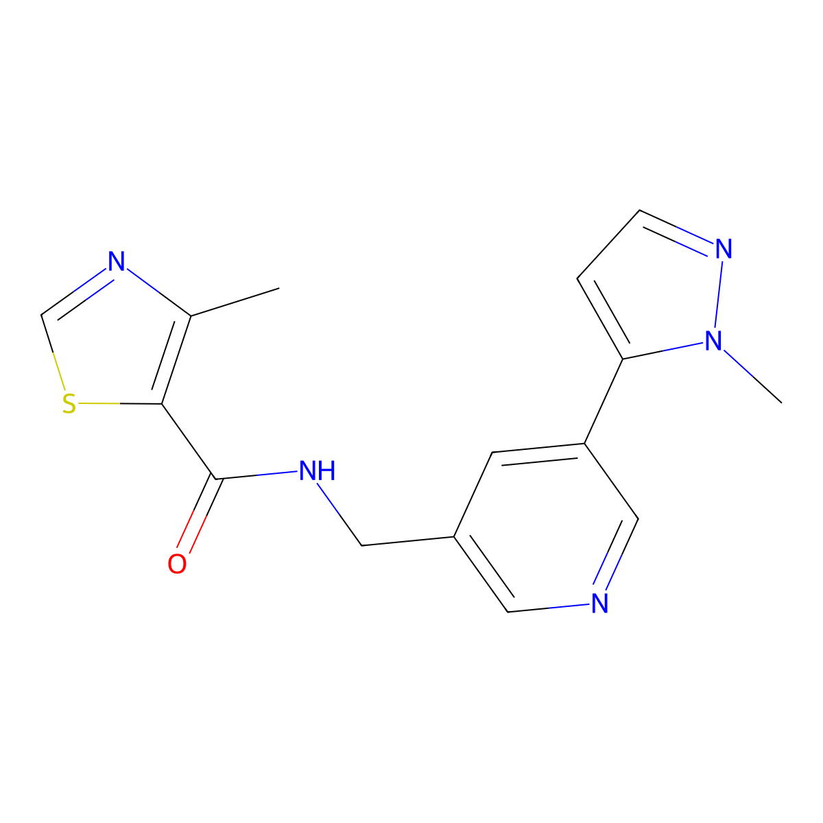 4-methyl-N-((5-(1-methyl-1H-pyrazol-5-yl)pyridin-3-yl)methyl)thiazole-5-carboxamide molecular structure, CAS 2034226-05-4