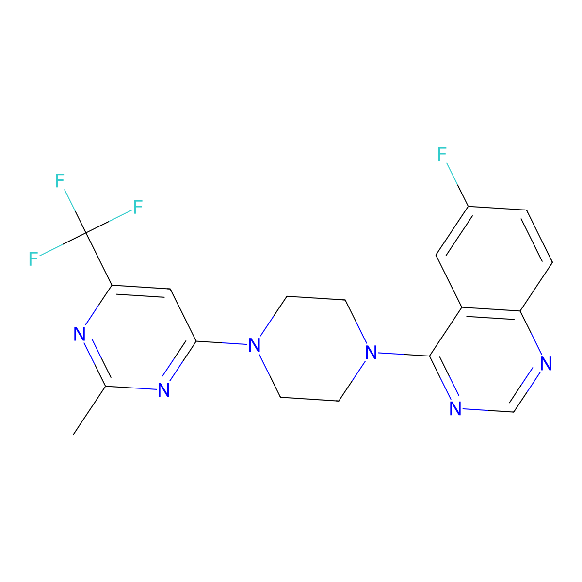 6-Fluoro-4-{4-[2-methyl-6-(trifluoromethyl)pyrimidin-4-yl]piperazin-1-yl}quinazoline molecular structure, CAS 2034226-08-7