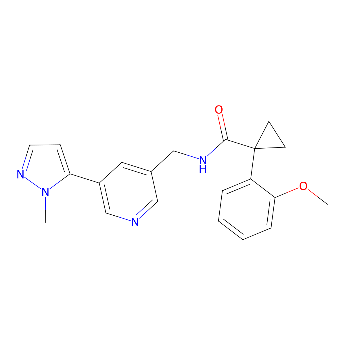 1-(2-methoxyphenyl)-N-((5-(1-methyl-1H-pyrazol-5-yl)pyridin-3-yl)methyl)cyclopropanecarboxamide molecular structure, CAS 2034226-09-8