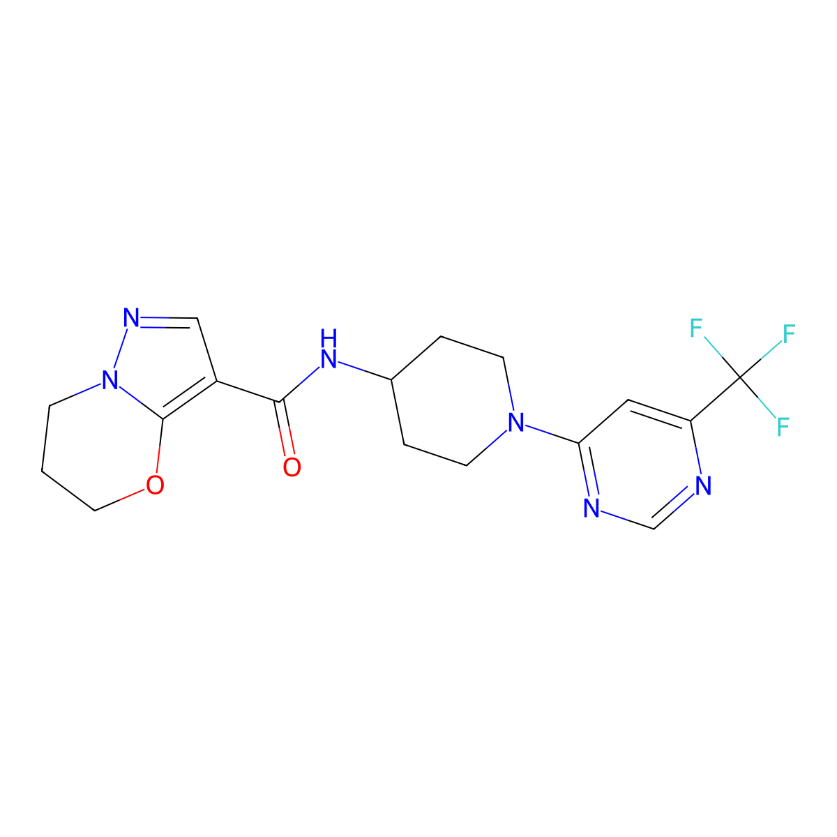 N-(1-(6-(trifluoromethyl)pyrimidin-4-yl)piperidin-4-yl)-6,7-dihydro-5H-pyrazolo[5,1-b][1,3]oxazine-3-carboxamide molecular structure, CAS 2034226-13-4