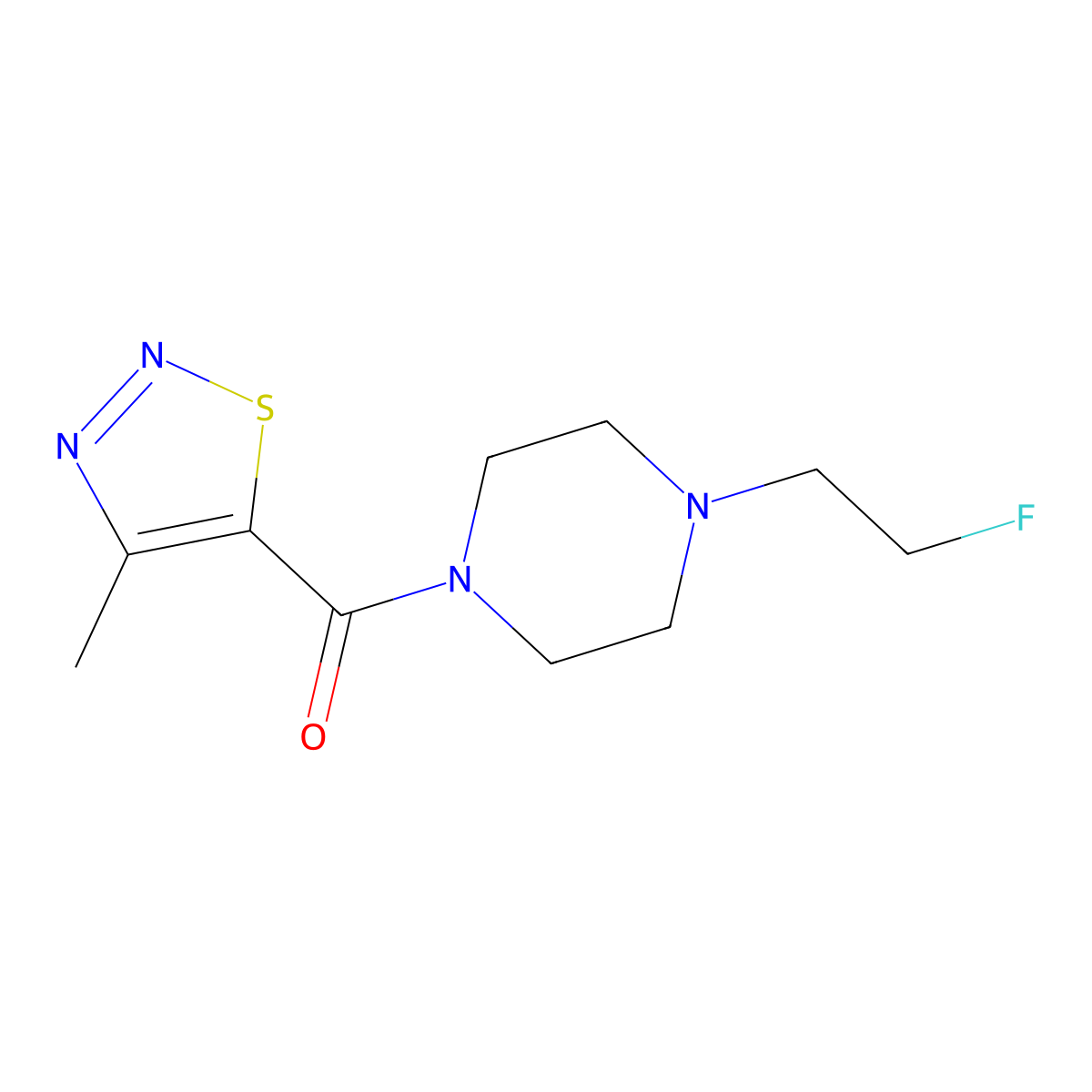 (4-(2-Fluoroethyl)piperazin-1-yl)(4-methyl-1,2,3-thiadiazol-5-yl)methanone molecular structure, CAS 2034226-16-7