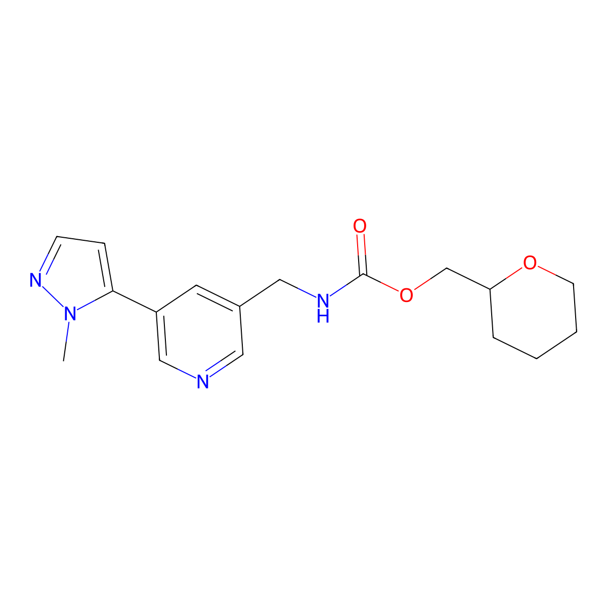 (tetrahydro-2H-pyran-2-yl)methyl ((5-(1-methyl-1H-pyrazol-5-yl)pyridin-3-yl)methyl)carbamate molecular structure, CAS 2034226-17-8