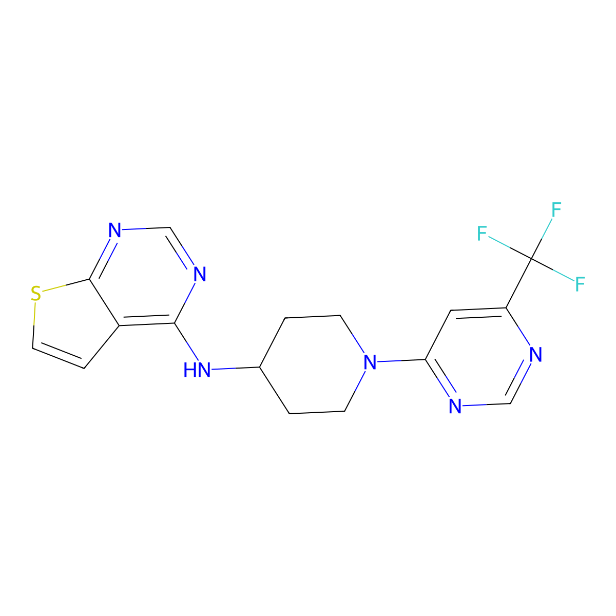 N-{thieno[2,3-d]pyrimidin-4-yl}-1-[6-(trifluoromethyl)pyrimidin-4-yl]piperidin-4-amine molecular structure, CAS 2034226-24-7