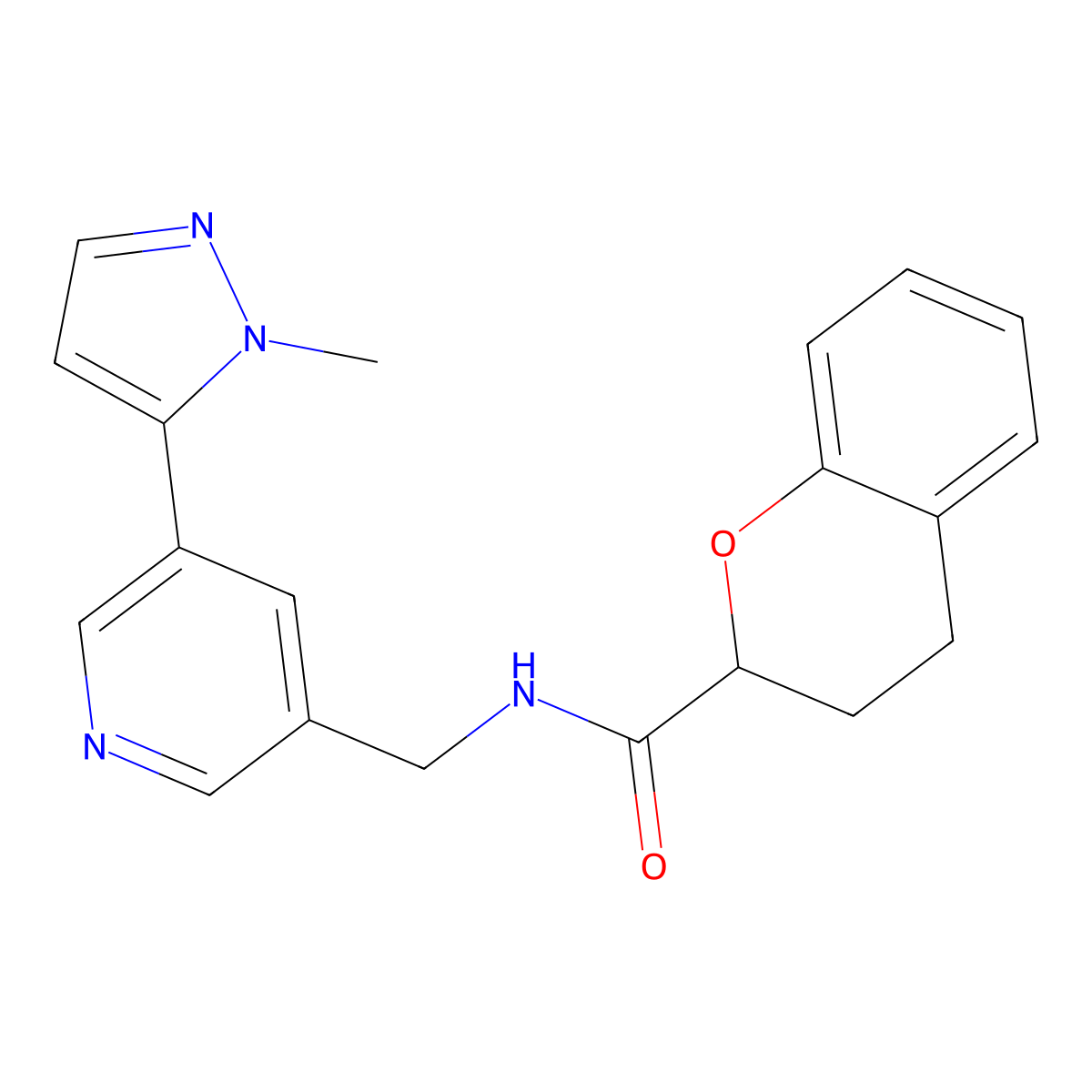 N-((5-(1-methyl-1H-pyrazol-5-yl)pyridin-3-yl)methyl)chroman-2-carboxamide molecular structure, CAS 2034226-27-0