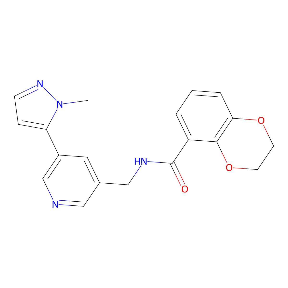 N-((5-(1-methyl-1H-pyrazol-5-yl)pyridin-3-yl)methyl)-2,3-dihydrobenzo[b][1,4]dioxine-5-carboxamide molecular structure, CAS 2034226-37-2