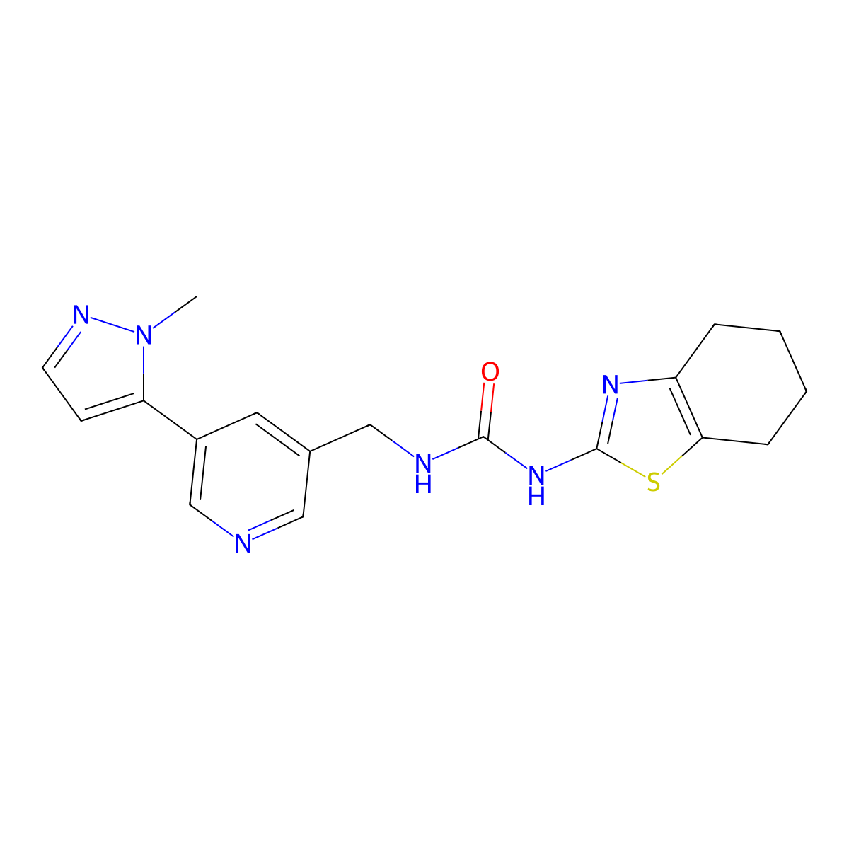 1-((5-(1-methyl-1H-pyrazol-5-yl)pyridin-3-yl)methyl)-3-(4,5,6,7-tetrahydrobenzo[d]thiazol-2-yl)urea molecular structure, CAS 2034226-43-0