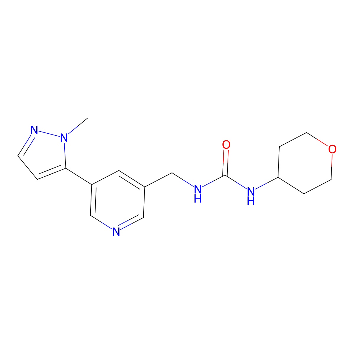 1-((5-(1-methyl-1H-pyrazol-5-yl)pyridin-3-yl)methyl)-3-(tetrahydro-2H-pyran-4-yl)urea molecular structure, CAS 2034226-49-6