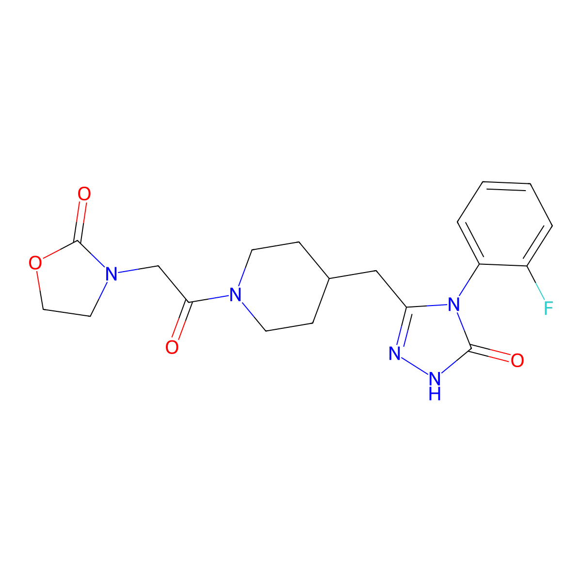 3-(2-(4-((4-(2-fluorophenyl)-5-oxo-4,5-dihydro-1H-1,2,4-triazol-3-yl)methyl)piperidin-1-yl)-2-oxoethyl)oxazolidin-2-one molecular structure, CAS 2034226-60-1