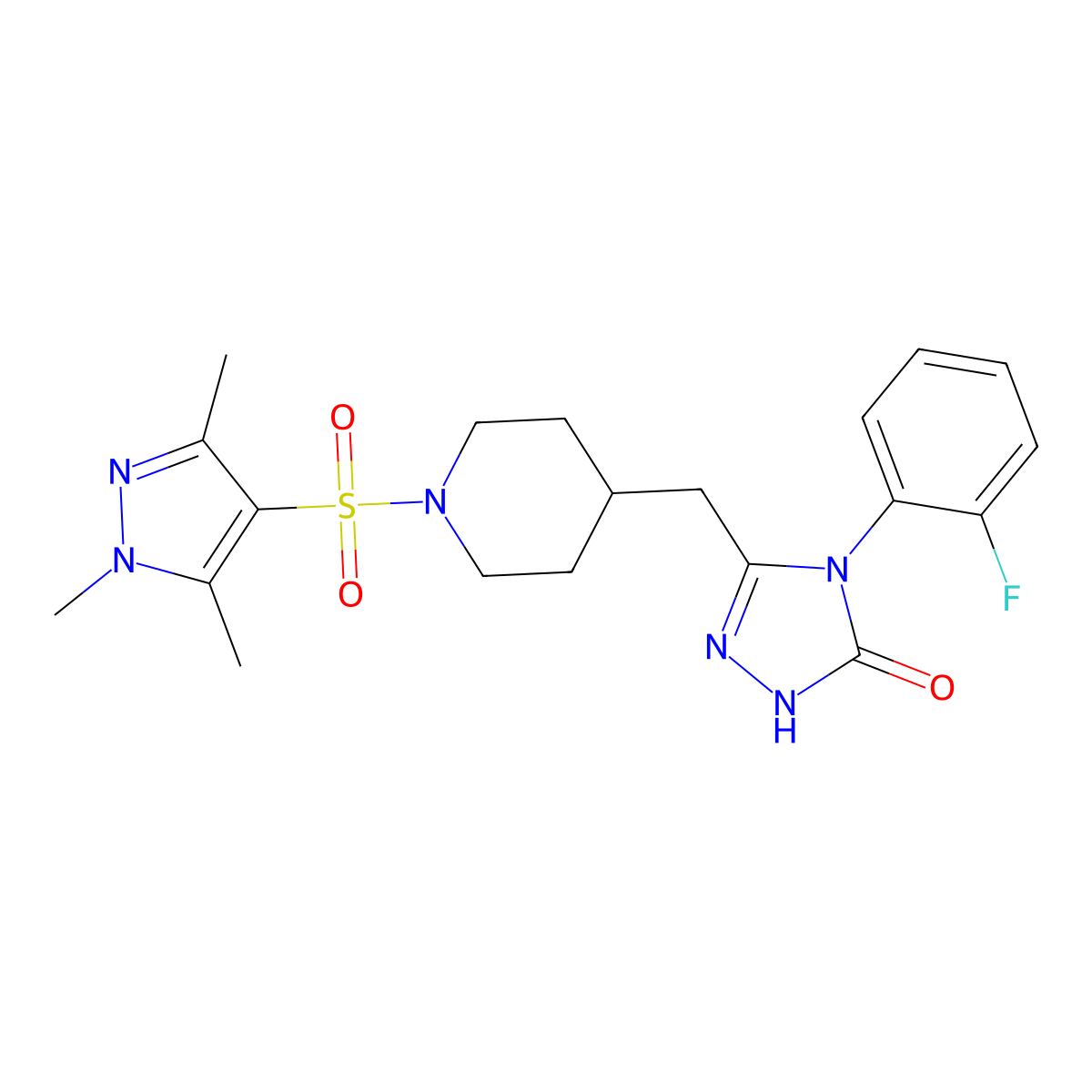 4-(2-fluorophenyl)-3-((1-((1,3,5-trimethyl-1H-pyrazol-4-yl)sulfonyl)piperidin-4-yl)methyl)-1H-1,2,4-triazol-5(4H)-one molecular structure, CAS 2034226-63-4
