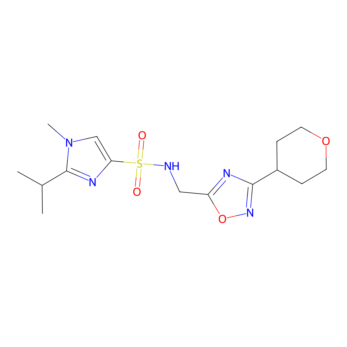 2-isopropyl-1-methyl-N-((3-(tetrahydro-2H-pyran-4-yl)-1,2,4-oxadiazol-5-yl)methyl)-1H-imidazole-4-sulfonamide molecular structure, CAS 2034226-67-8