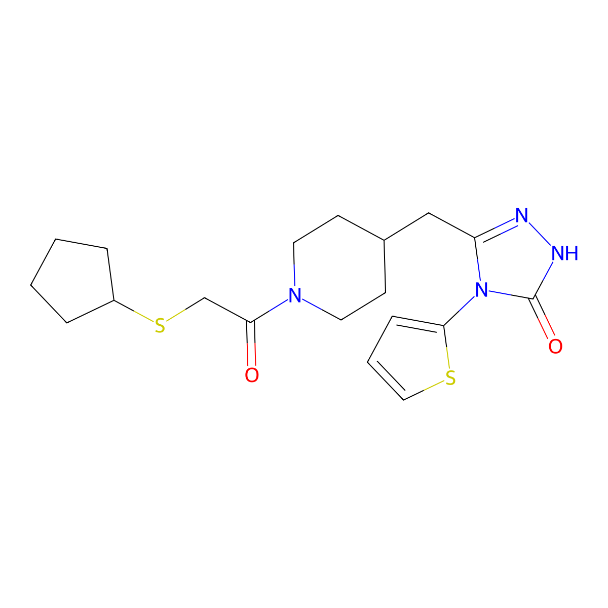3-((1-(2-(cyclopentylthio)acetyl)piperidin-4-yl)methyl)-4-(thiophen-2-yl)-1H-1,2,4-triazol-5(4H)-one molecular structure, CAS 2034226-71-4