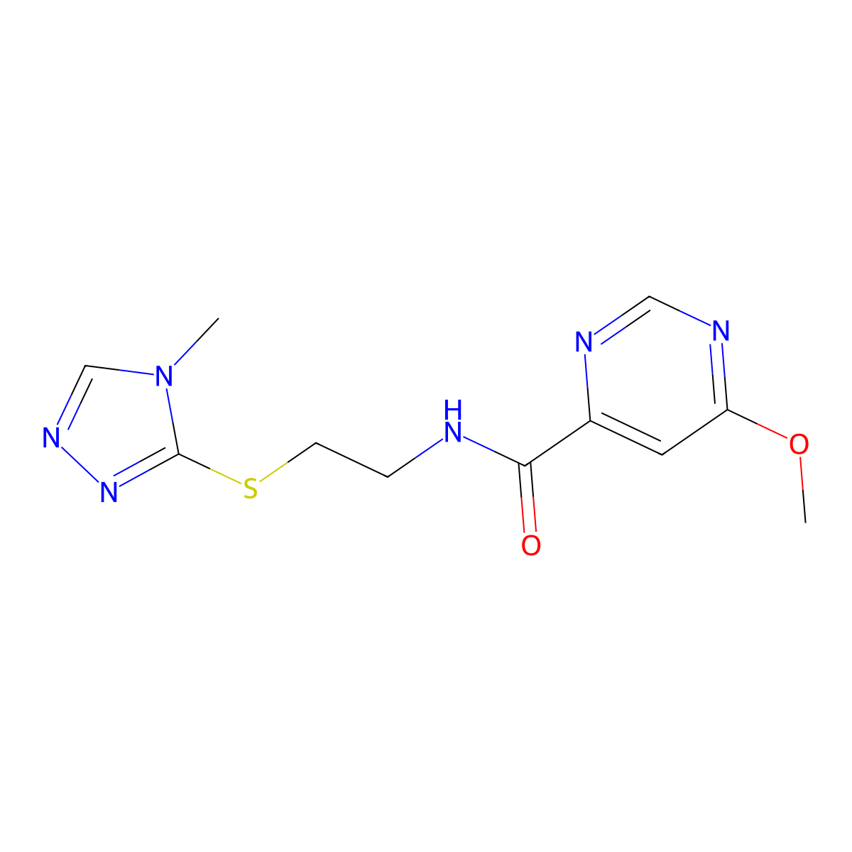 6-methoxy-N-(2-((4-methyl-4H-1,2,4-triazol-3-yl)thio)ethyl)pyrimidine-4-carboxamide molecular structure, CAS 2034226-83-8