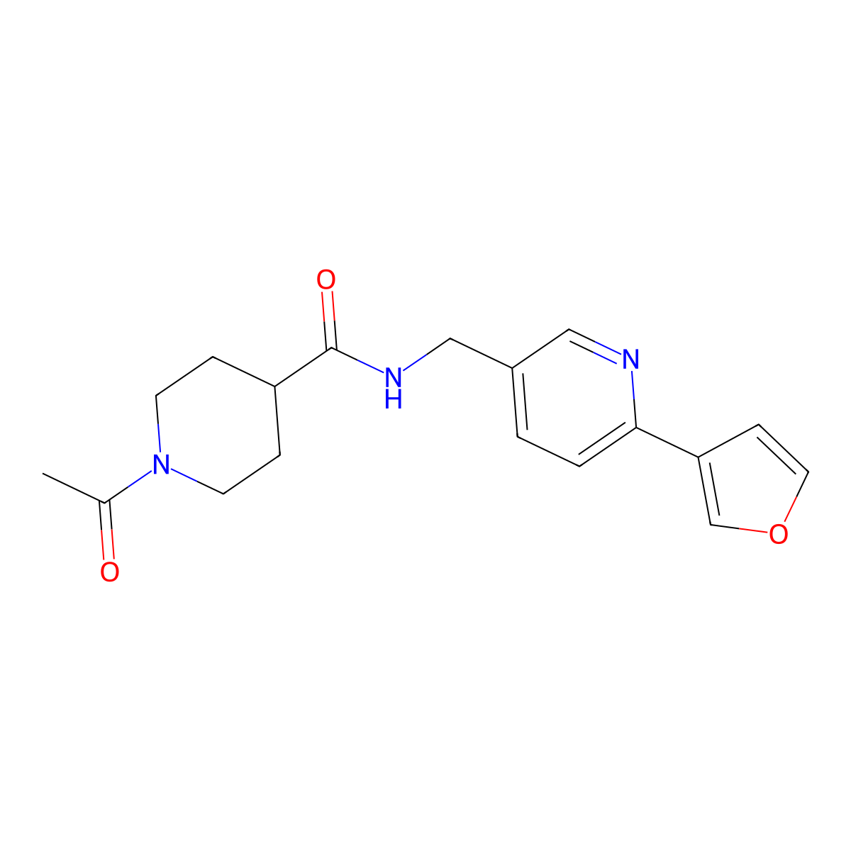 1-acetyl-N-((6-(furan-3-yl)pyridin-3-yl)methyl)piperidine-4-carboxamide molecular structure, CAS 2034226-92-9