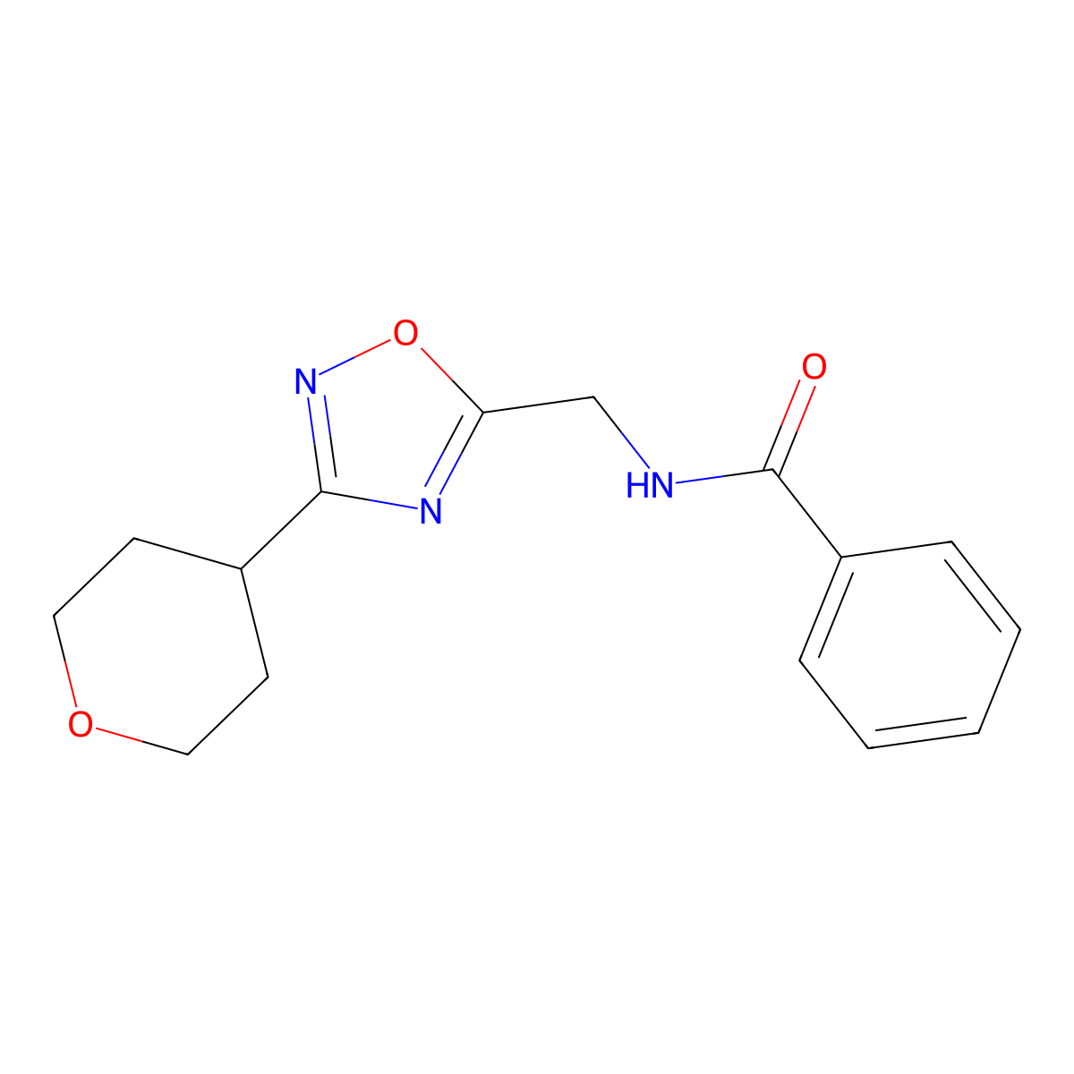 N-((3-(tetrahydro-2H-pyran-4-yl)-1,2,4-oxadiazol-5-yl)methyl)benzamide molecular structure, CAS 2034226-93-0