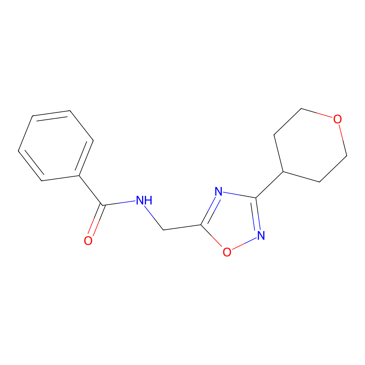 N-((3-(tetrahydro-2H-pyran-4-yl)-1,2,4-oxadiazol-5-yl)methyl)benzamide molecular structure, CAS 2034226-93-0