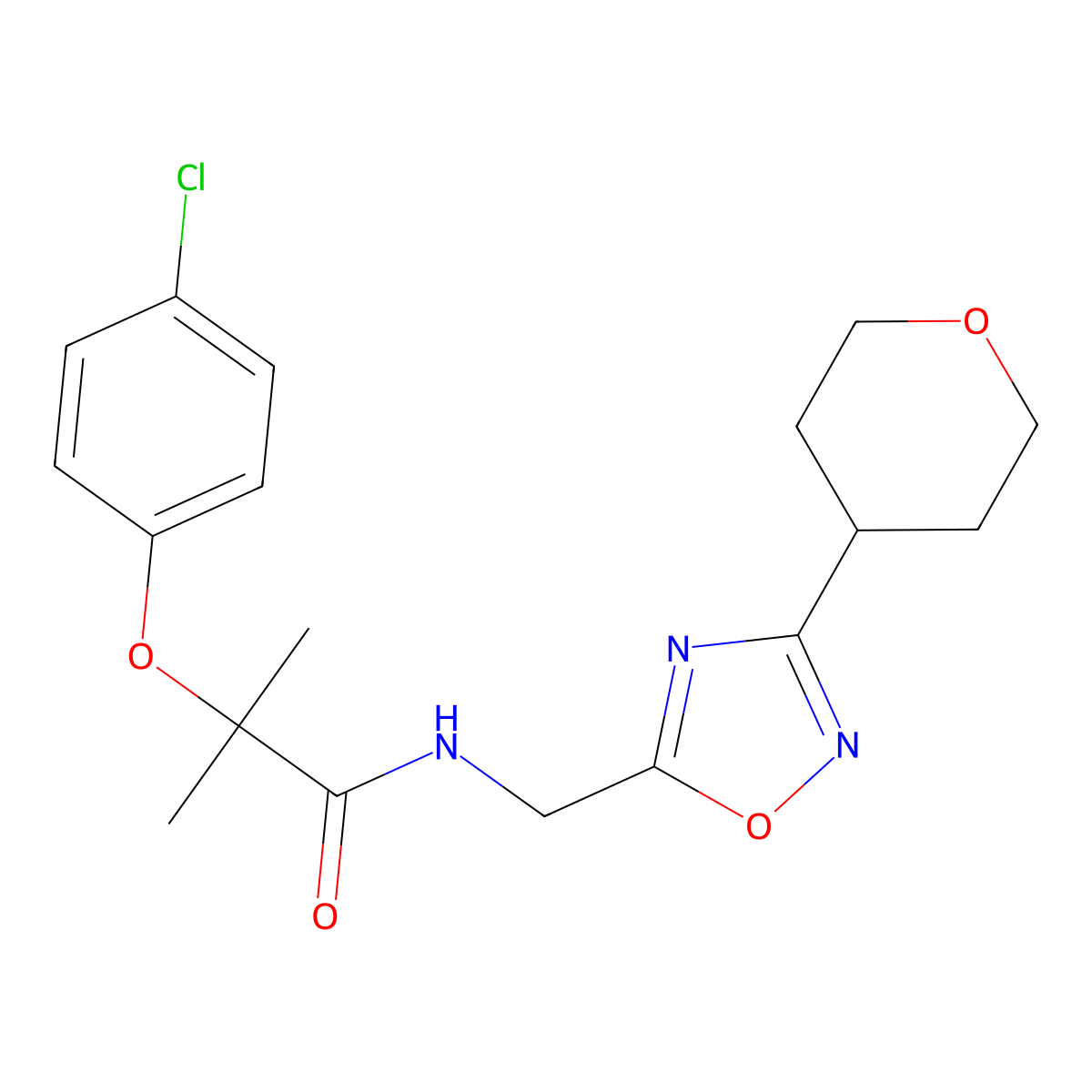 2-(4-chlorophenoxy)-2-methyl-N-((3-(tetrahydro-2H-pyran-4-yl)-1,2,4-oxadiazol-5-yl)methyl)propanamide molecular structure, CAS 2034227-02-4