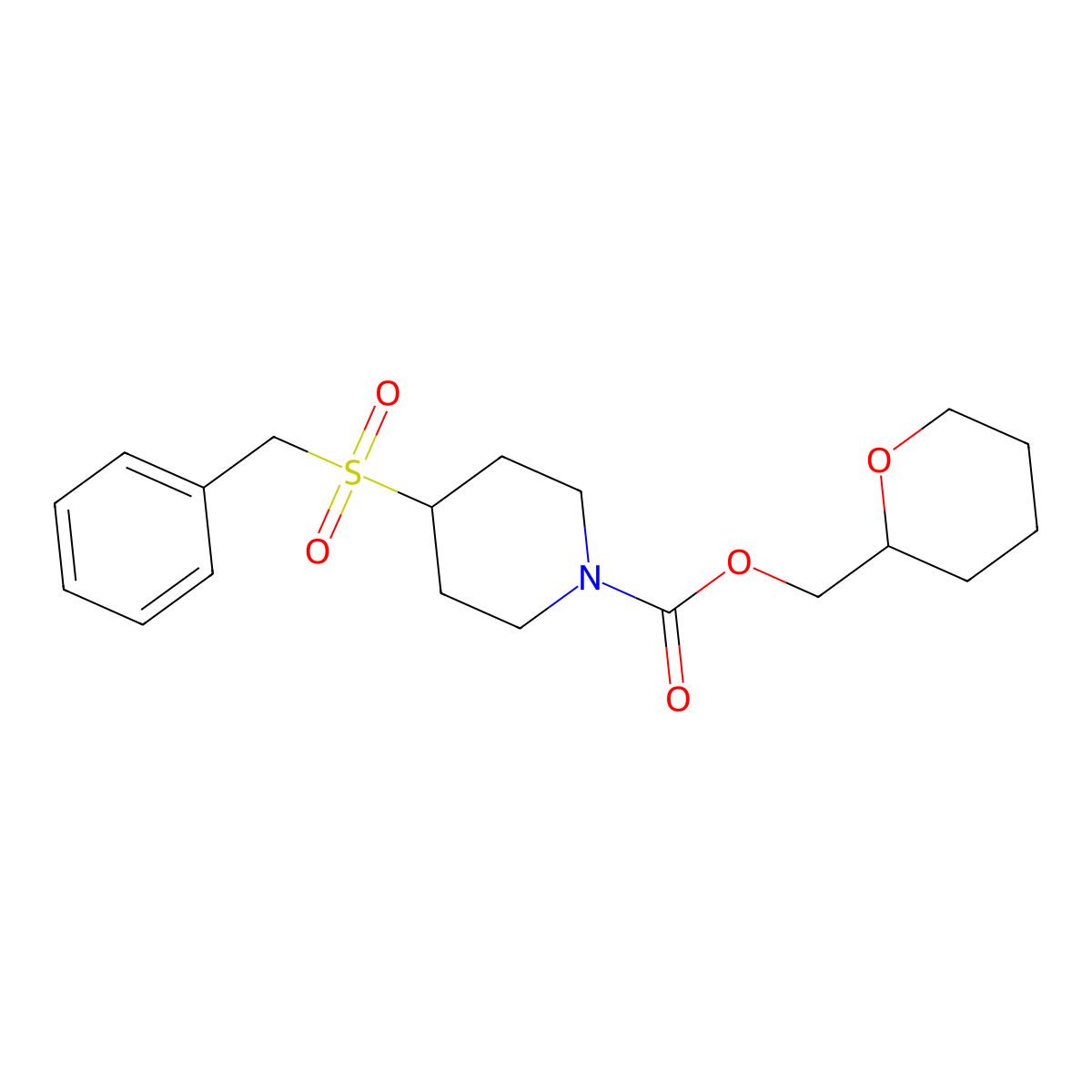 (tetrahydro-2H-pyran-2-yl)methyl 4-(benzylsulfonyl)piperidine-1-carboxylate molecular structure, CAS 2034227-03-5