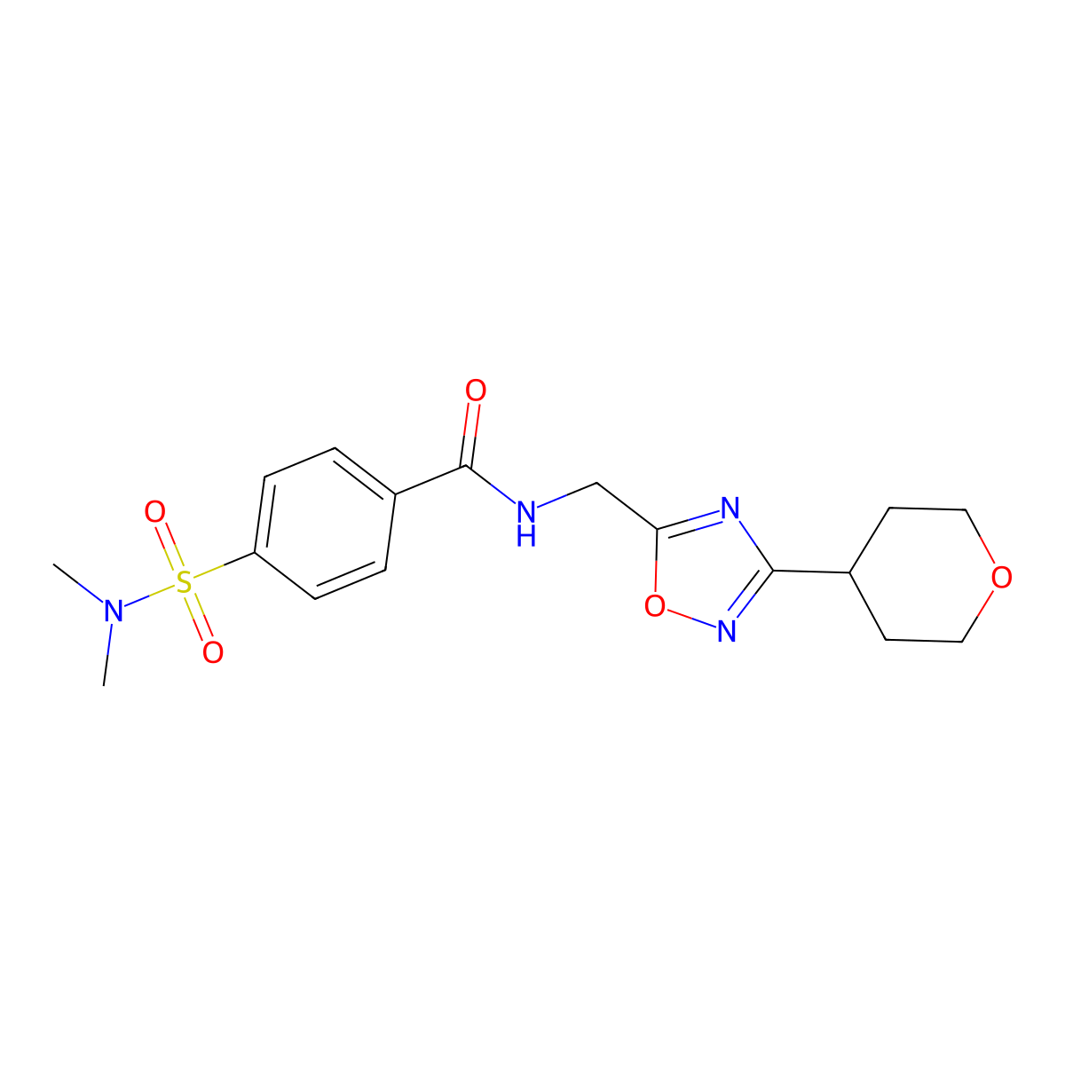 4-(N,N-dimethylsulfamoyl)-N-((3-(tetrahydro-2H-pyran-4-yl)-1,2,4-oxadiazol-5-yl)methyl)benzamide molecular structure, CAS 2034227-12-6