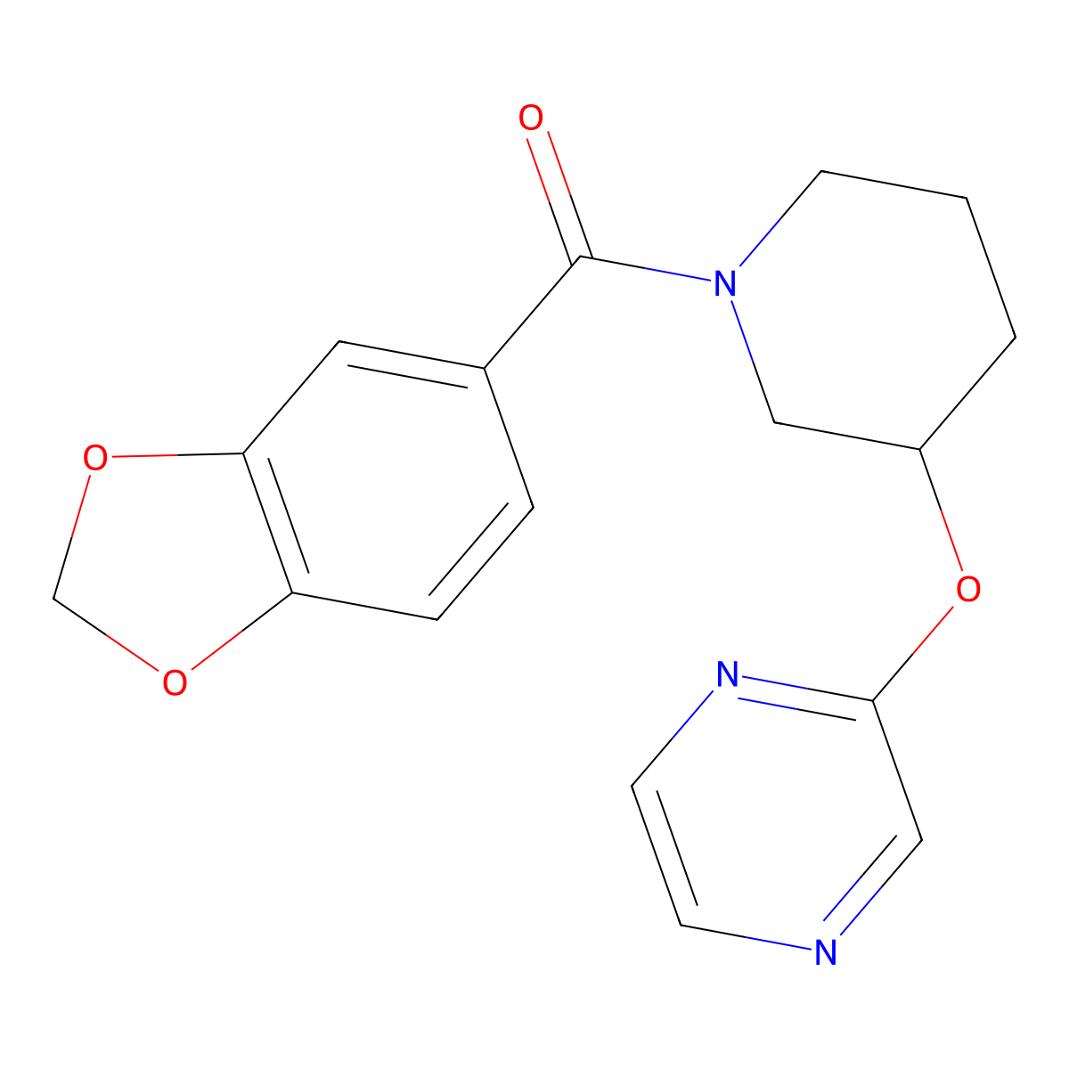 Benzo[d][1,3]dioxol-5-yl(3-(pyrazin-2-yloxy)piperidin-1-yl)methanone molecular structure, CAS 2034227-16-0