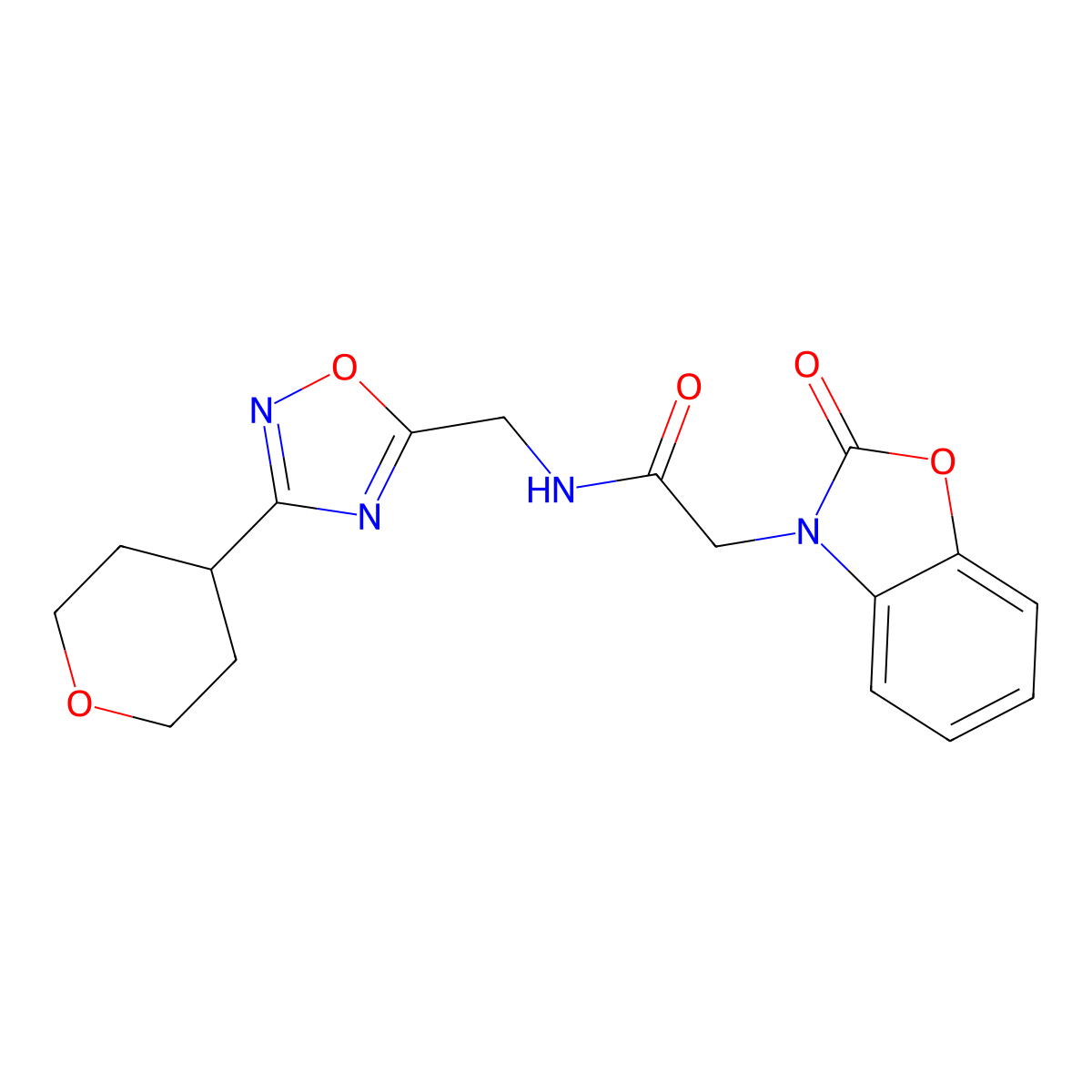 2-(2-oxobenzo[d]oxazol-3(2H)-yl)-N-((3-(tetrahydro-2H-pyran-4-yl)-1,2,4-oxadiazol-5-yl)methyl)acetamide molecular structure, CAS 2034227-42-2