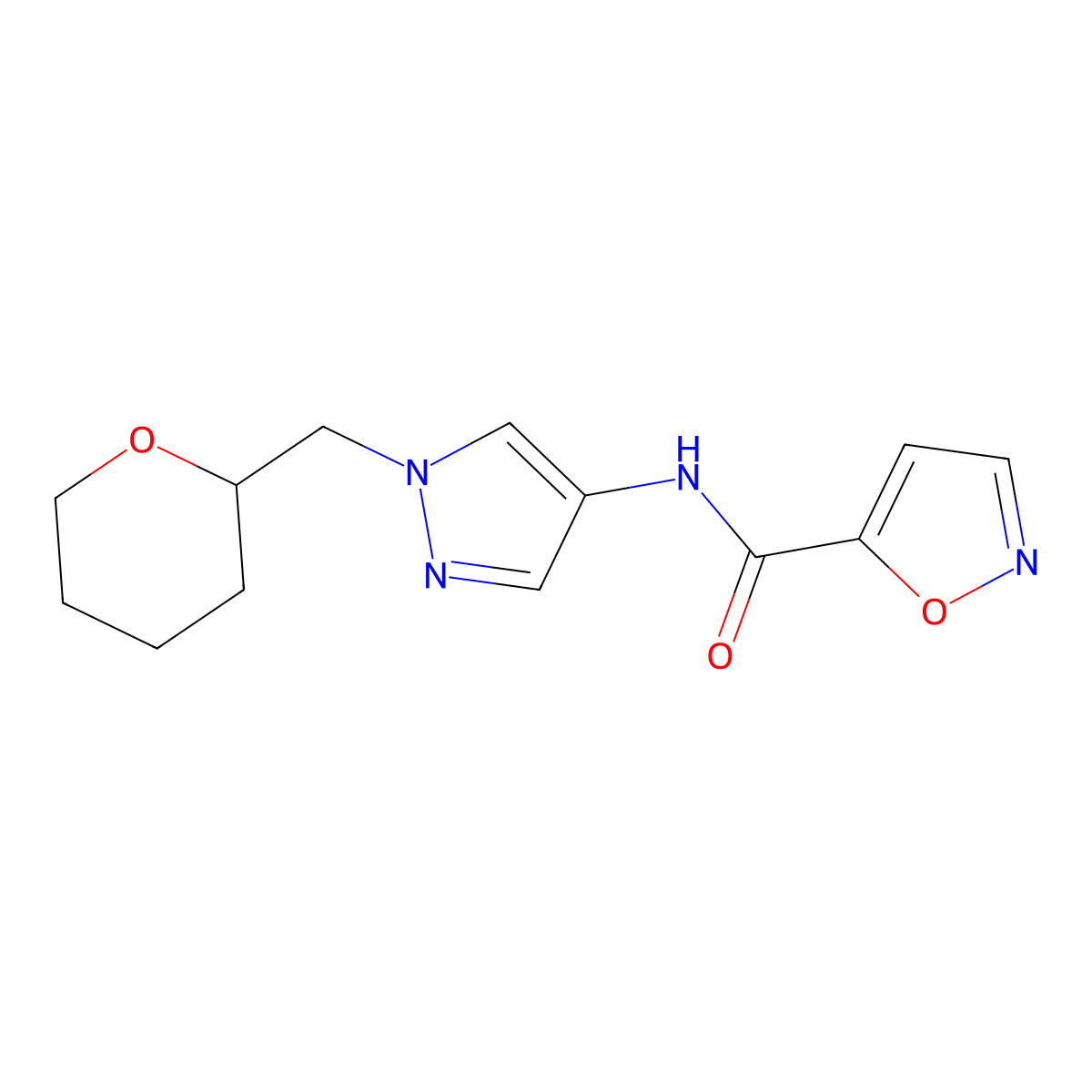 N-(1-((tetrahydro-2H-pyran-2-yl)methyl)-1H-pyrazol-4-yl)isoxazole-5-carboxamide molecular structure, CAS 2034227-52-4
