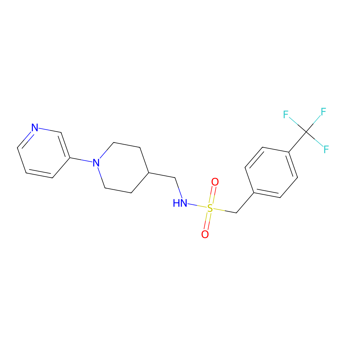 N-((1-(pyridin-3-yl)piperidin-4-yl)methyl)-1-(4-(trifluoromethyl)phenyl)methanesulfonamide molecular structure, CAS 2034227-54-6