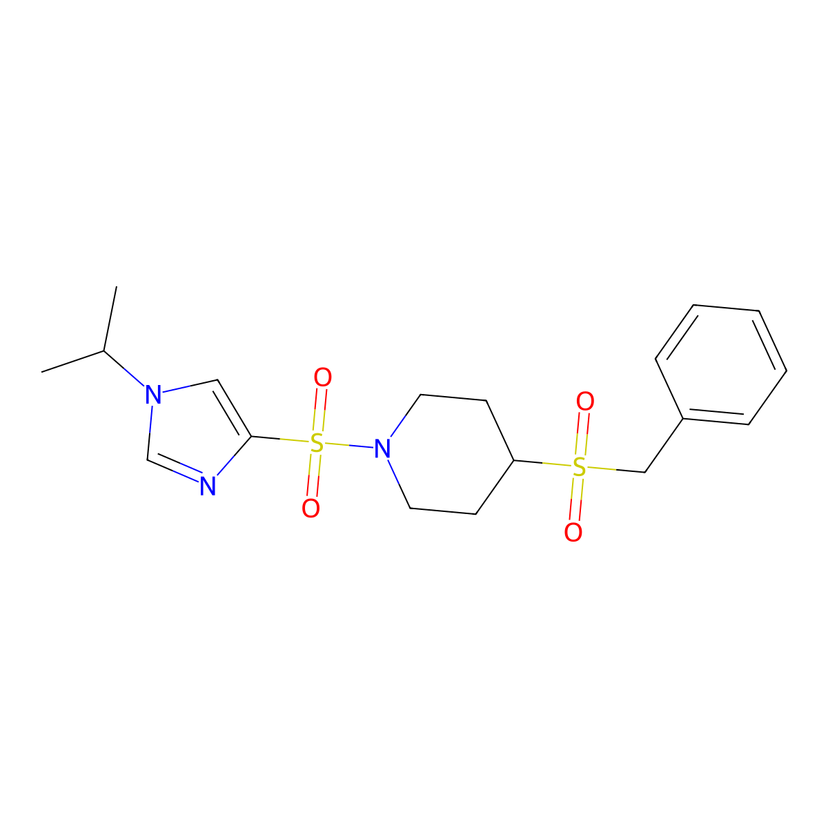 4-(benzylsulfonyl)-1-((1-isopropyl-1H-imidazol-4-yl)sulfonyl)piperidine molecular structure, CAS 2034227-58-0