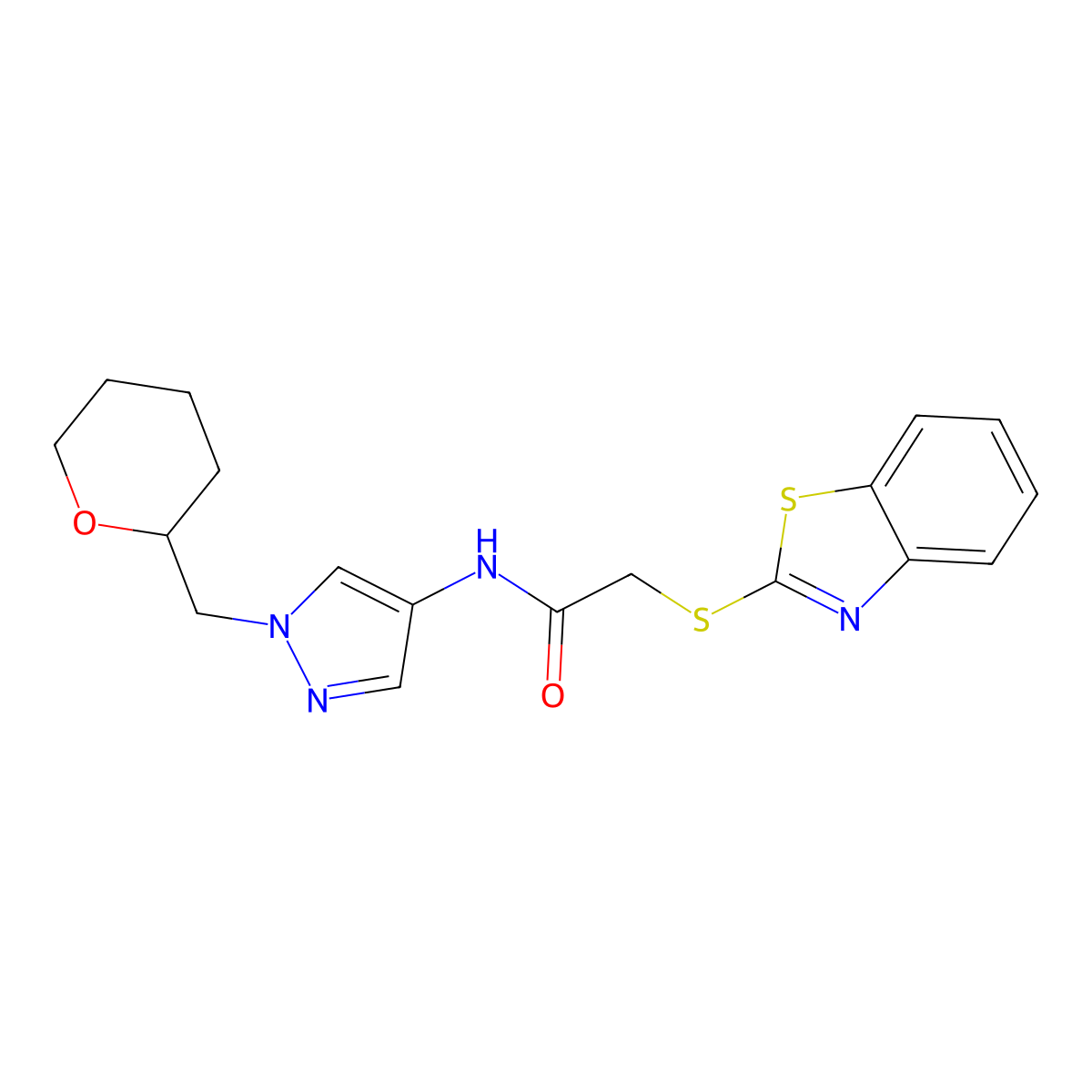 2-(benzo[d]thiazol-2-ylthio)-N-(1-((tetrahydro-2H-pyran-2-yl)methyl)-1H-pyrazol-4-yl)acetamide molecular structure, CAS 2034227-64-8