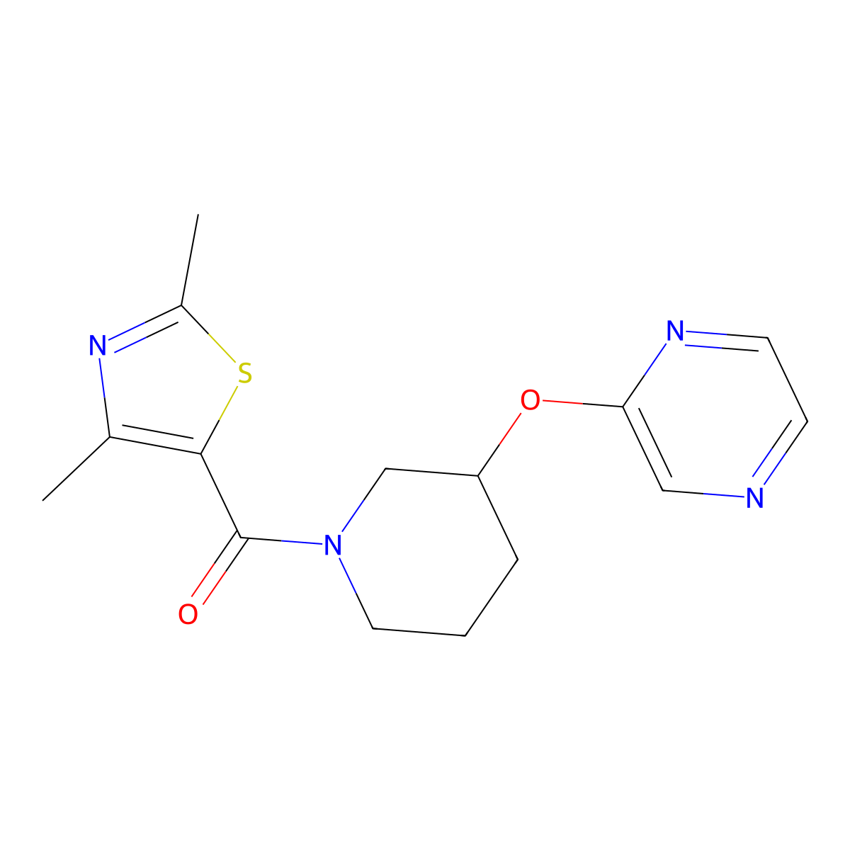 (2,4-Dimethylthiazol-5-yl)(3-(pyrazin-2-yloxy)piperidin-1-yl)methanone molecular structure, CAS 2034227-65-9