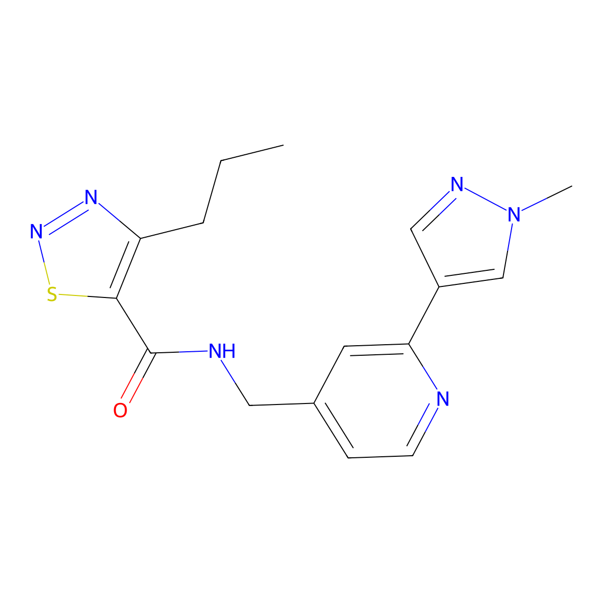 N-((2-(1-methyl-1H-pyrazol-4-yl)pyridin-4-yl)methyl)-4-propyl-1,2,3-thiadiazole-5-carboxamide molecular structure, CAS 2034227-75-1