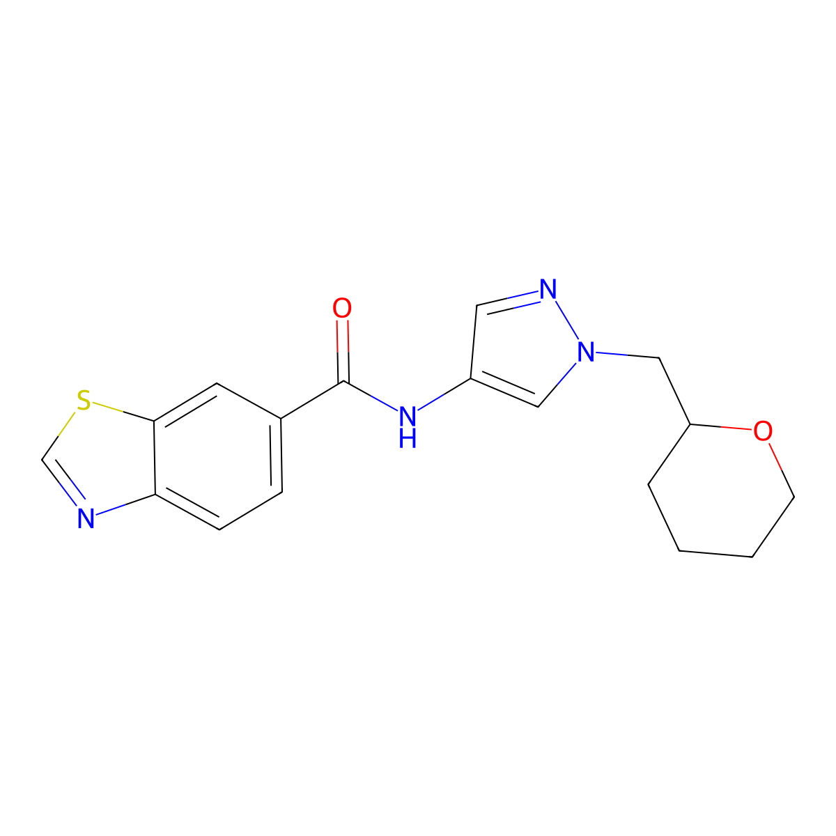 N-(1-((tetrahydro-2H-pyran-2-yl)methyl)-1H-pyrazol-4-yl)benzo[d]thiazole-6-carboxamide molecular structure, CAS 2034227-80-8