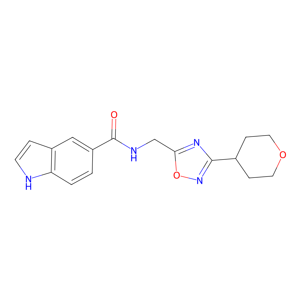 N-((3-(tetrahydro-2H-pyran-4-yl)-1,2,4-oxadiazol-5-yl)methyl)-1H-indole-5-carboxamide molecular structure, CAS 2034227-82-0
