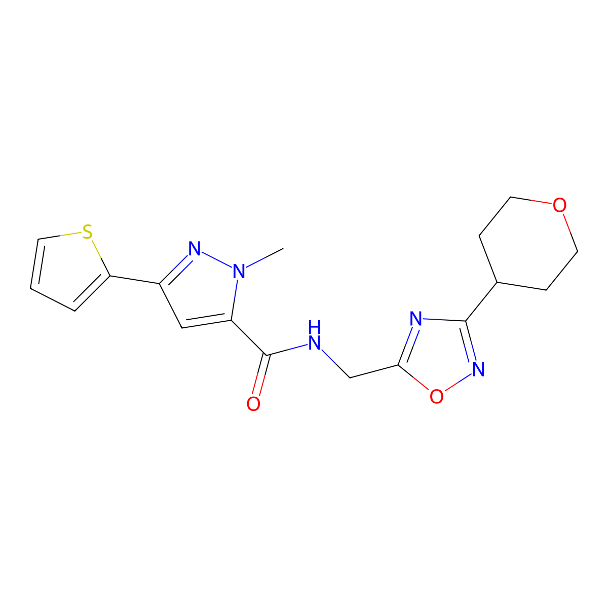 1-methyl-N-((3-(tetrahydro-2H-pyran-4-yl)-1,2,4-oxadiazol-5-yl)methyl)-3-(thiophen-2-yl)-1H-pyrazole-5-carboxamide molecular structure, CAS 2034227-88-6