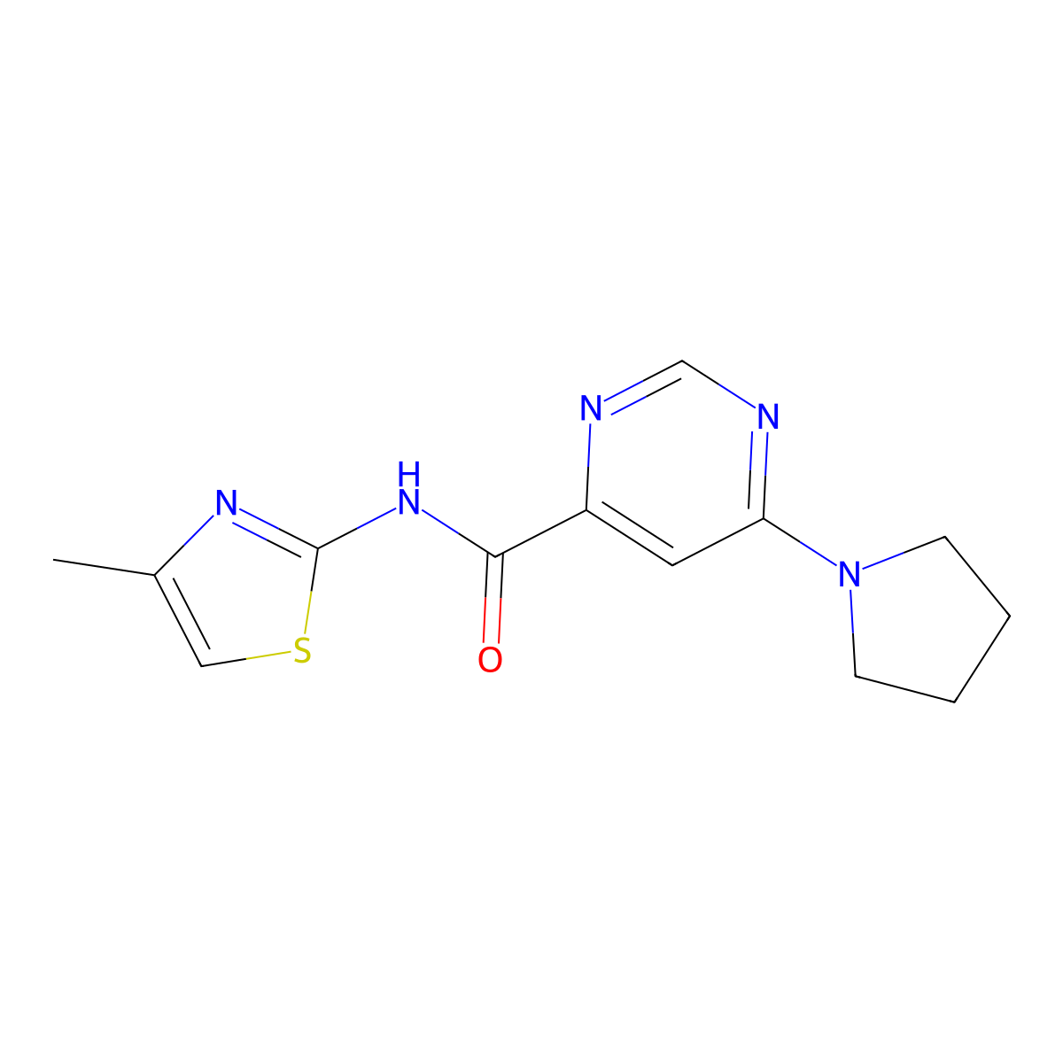 N-(4-methylthiazol-2-yl)-6-(pyrrolidin-1-yl)pyrimidine-4-carboxamide molecular structure, CAS 2034227-90-0