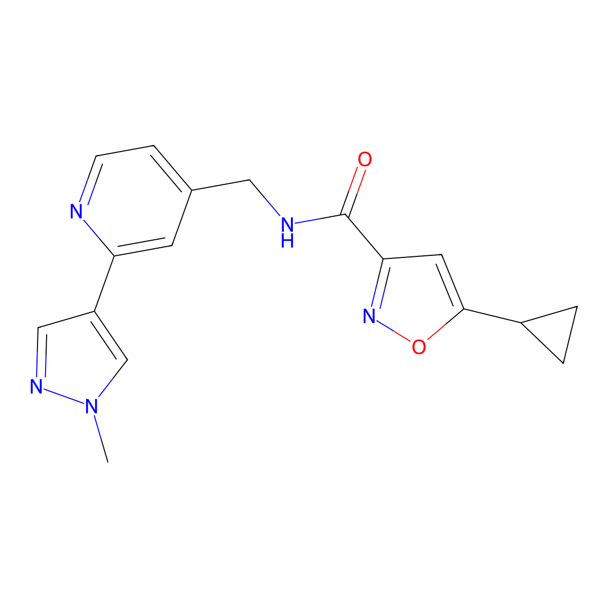 5-cyclopropyl-N-((2-(1-methyl-1H-pyrazol-4-yl)pyridin-4-yl)methyl)isoxazole-3-carboxamide molecular structure, CAS 2034228-02-7