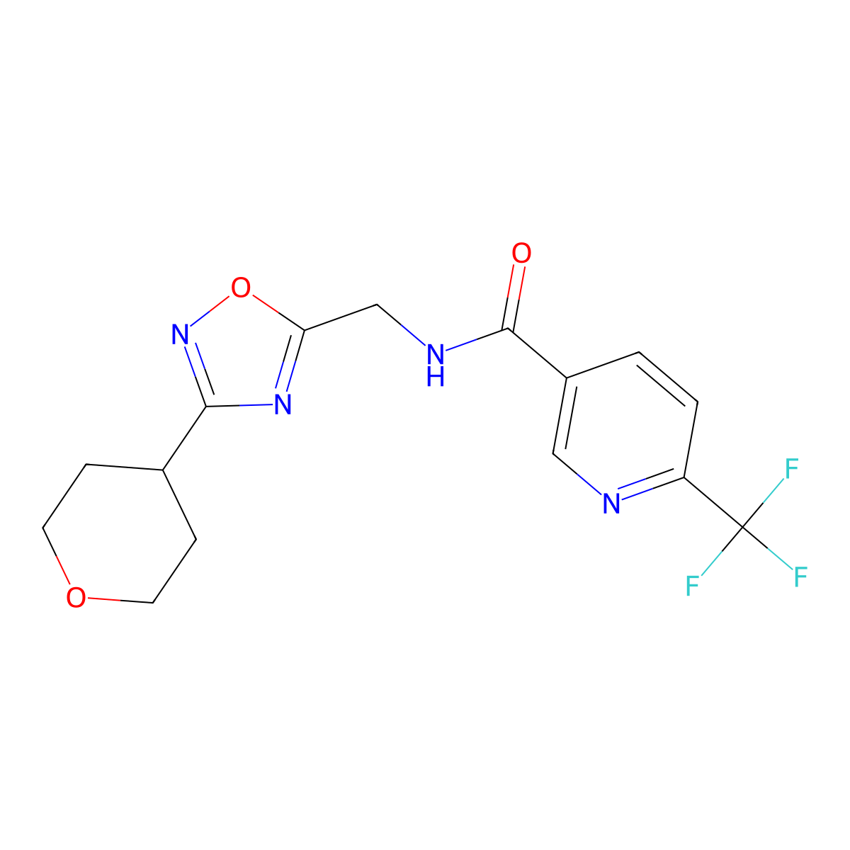 N-((3-(tetrahydro-2H-pyran-4-yl)-1,2,4-oxadiazol-5-yl)methyl)-6-(trifluoromethyl)nicotinamide molecular structure, CAS 2034228-03-8