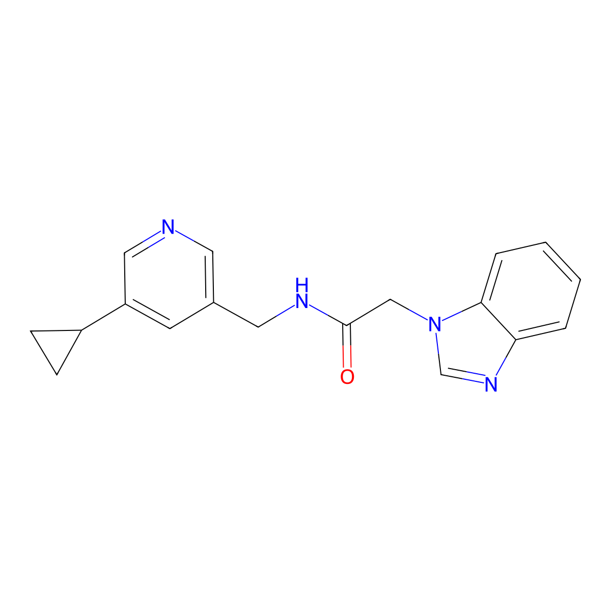 2-(1H-benzo[d]imidazol-1-yl)-N-((5-cyclopropylpyridin-3-yl)methyl)acetamide molecular structure, CAS 2034228-04-9